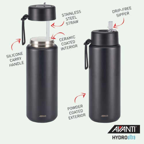 Insulated Water Bottle w/Strap - AVANTI HydroUltra 1L (Black)