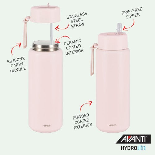 Insulated Water Bottle w/Strap - AVANTI HydroUltra 1L (Blush Pink)