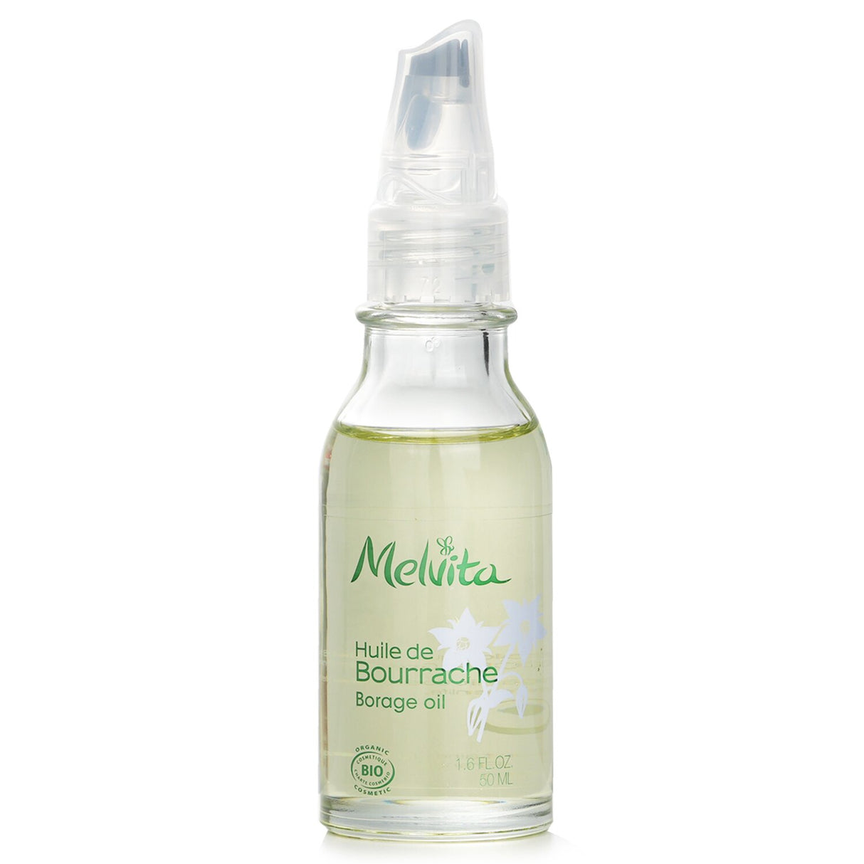 Melvita Borage Oil in a 50ml bottle, a cold-pressed organic anti-aging oil essential for skin hydration and elasticity.