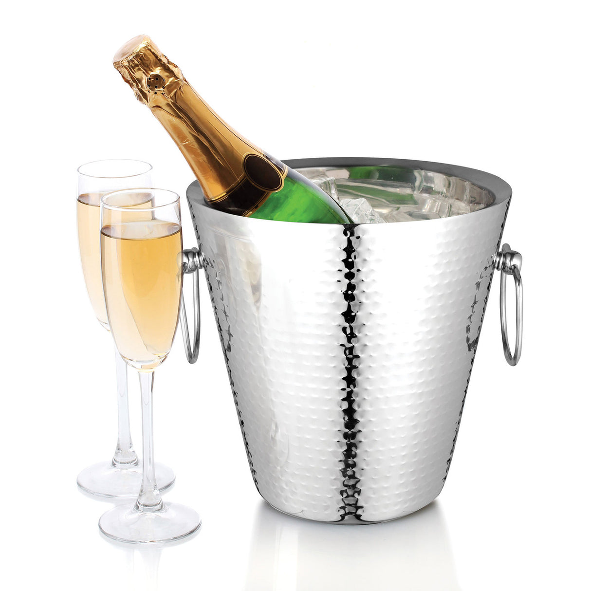 Hammered stainless steel champagne bucket, 23x23cm, double wall design for optimal insulation and elegant display.