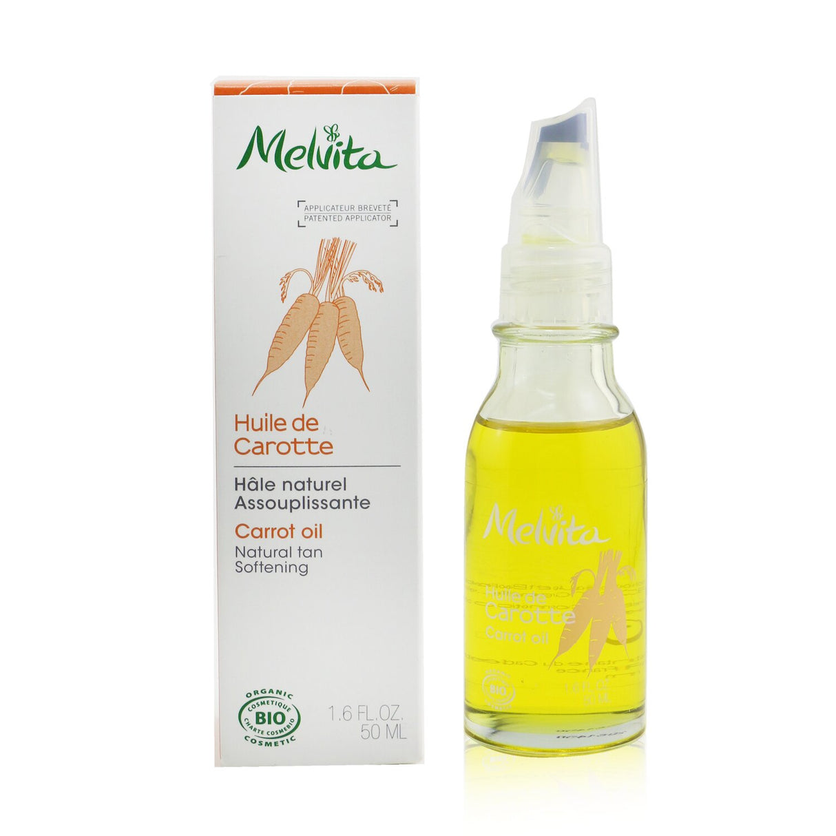 Melvita Carrot Oil in a 50ml bottle, a cold-pressed organic oil for softening, revitalizing, and unifying skin tone.