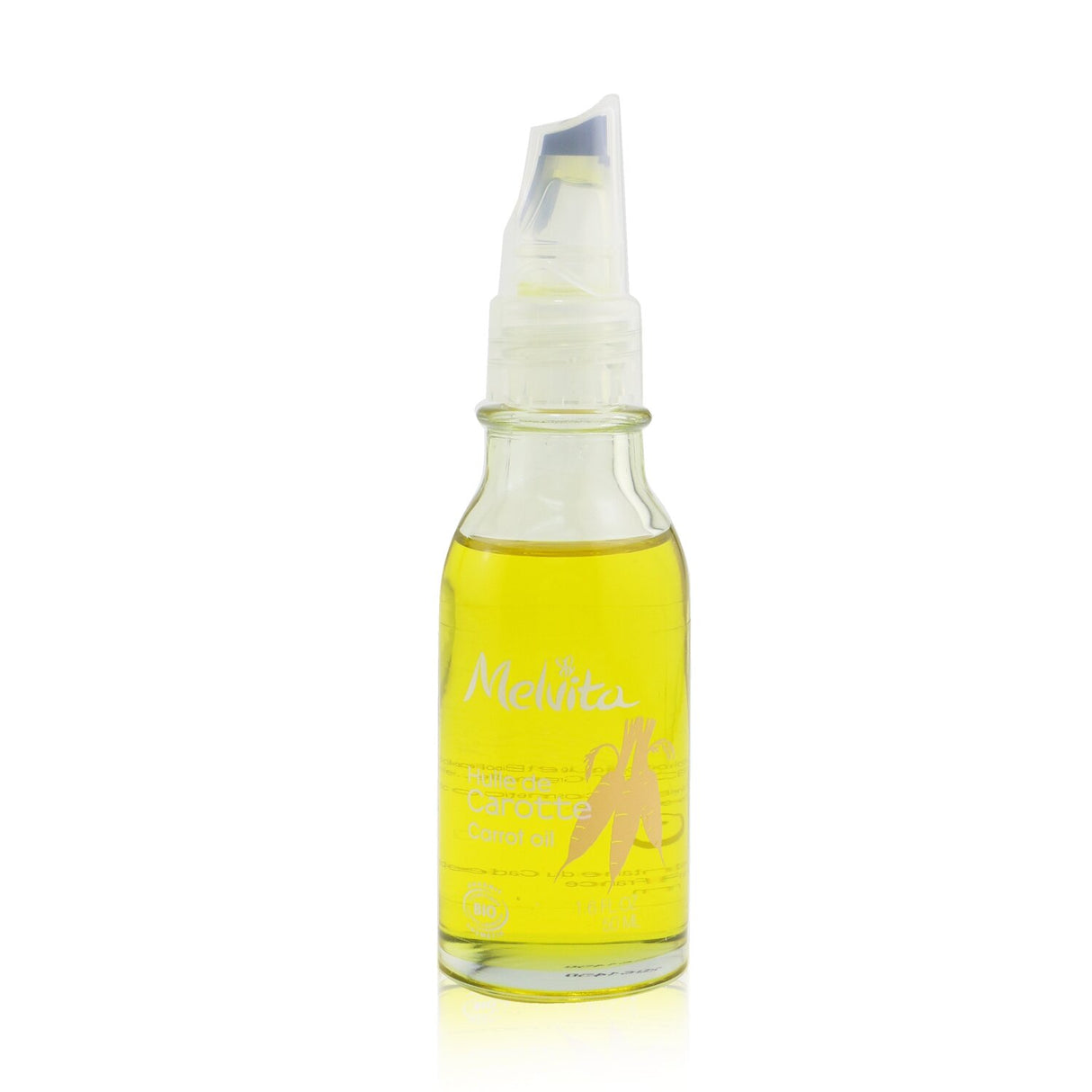 Organic Melvita Carrot Oil in a 50ml bottle, enriched with pro-vitamin A for revitalizing and softening skin.