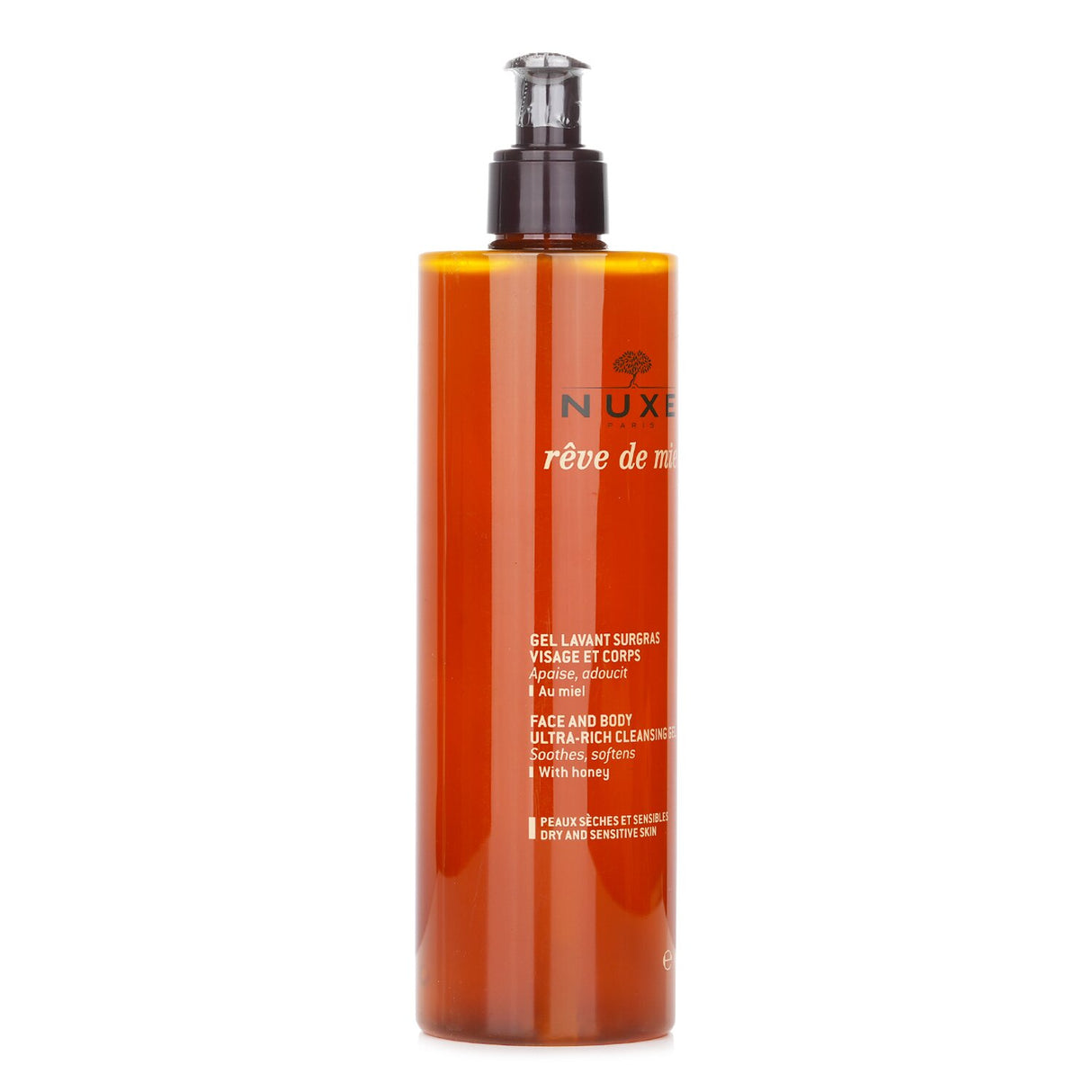 Ultra-rich cleansing gel with honey and sunflower for dry, sensitive skin; soap-free, nourishing formula for daily use.