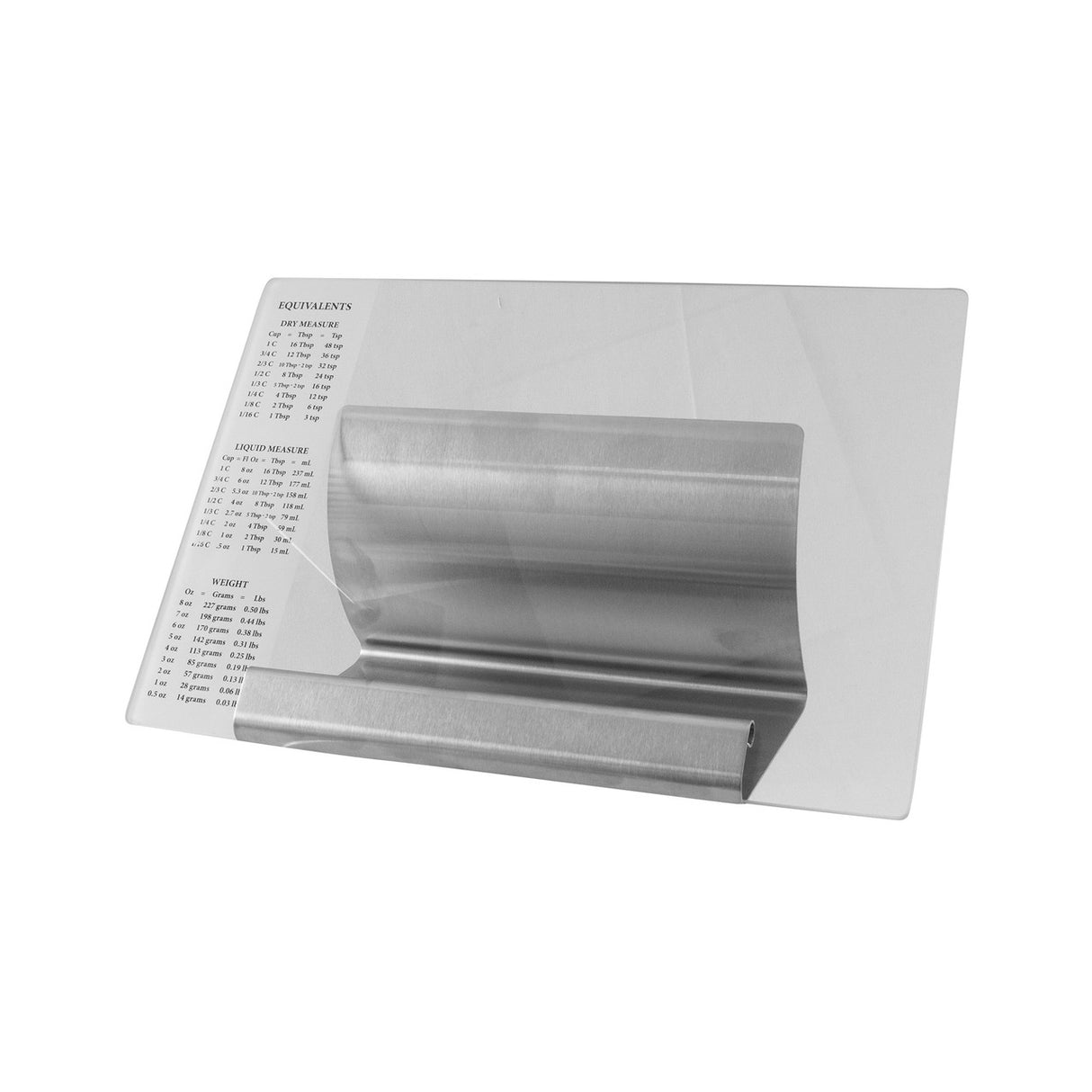 Avanti® Cookbook Stand in brushed stainless steel with tempered glass shield, protecting cookbooks and featuring a conversion chart.