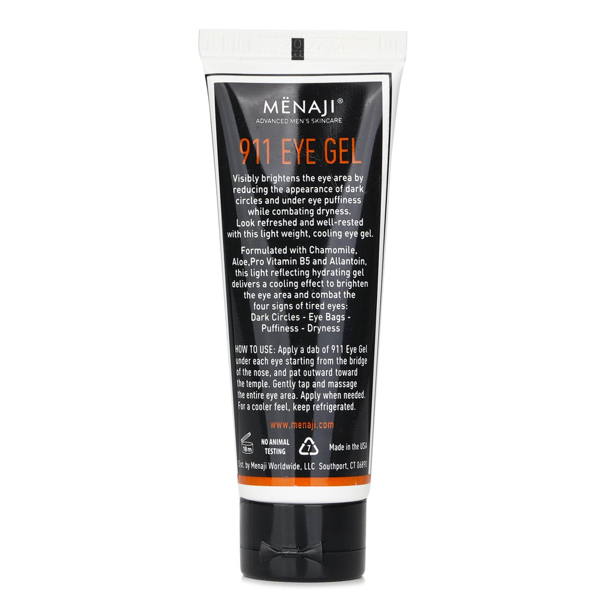 Menaji 911 Eye Gel in a 30ml bottle; all-natural formula revitalizes and cools puffy eyes with chamomile and aloe.