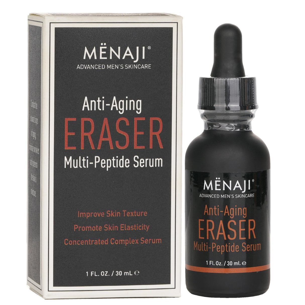 Menaji Anti Aging Eraser in a 30ml bottle, a men's skincare solution for youthful skin, reducing wrinkles and revitalizing complexions.