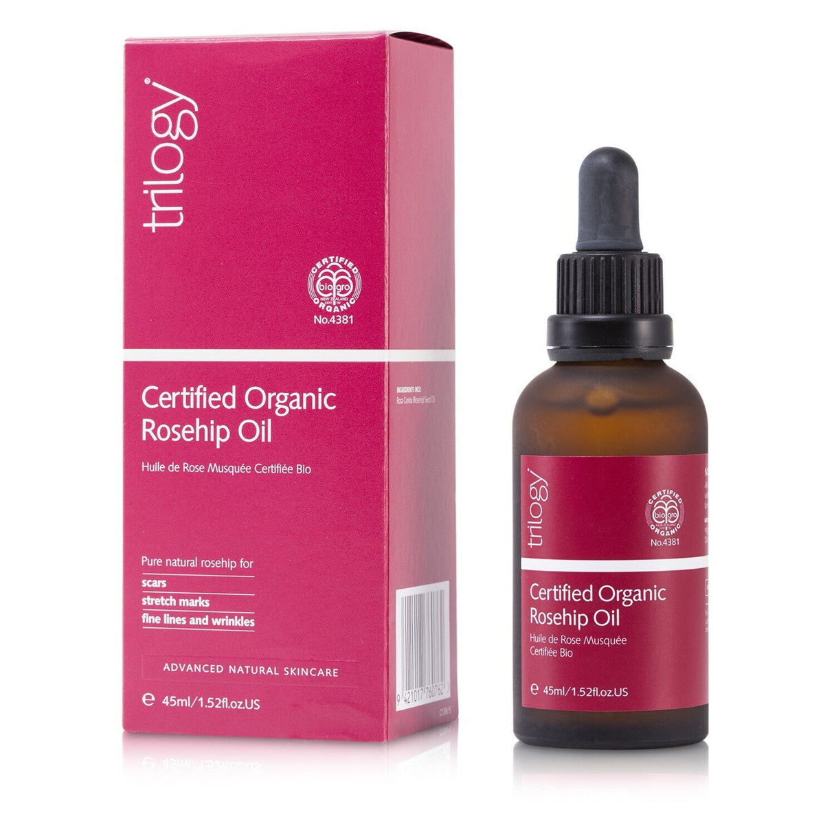 Trilogy Certified Organic Rosehip Oil in a 45ml bottle, designed for facial and body hydration, improving skin texture and scars.