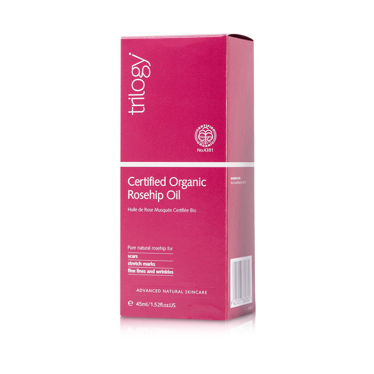Trilogy Certified Organic Rosehip Oil, 45ml; rejuvenates, hydrates, and reduces scars and fine lines for all skin types.