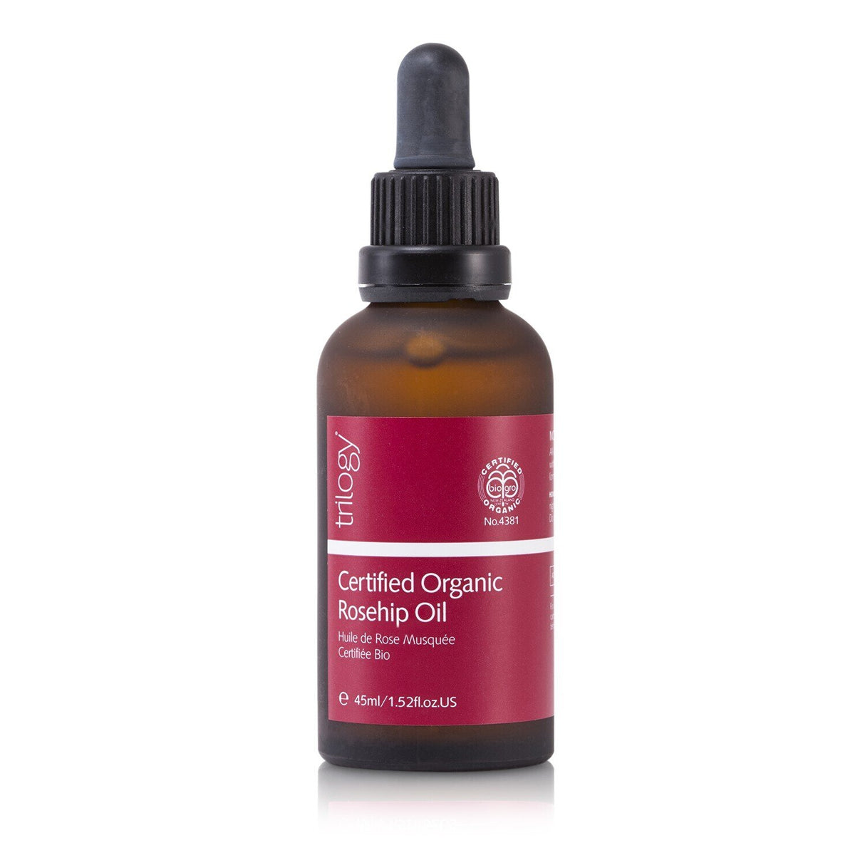 Trilogy Certified Organic Rosehip Oil in a 45ml bottle, nourishing skin with omega fatty acids for hydration and rejuvenation.
