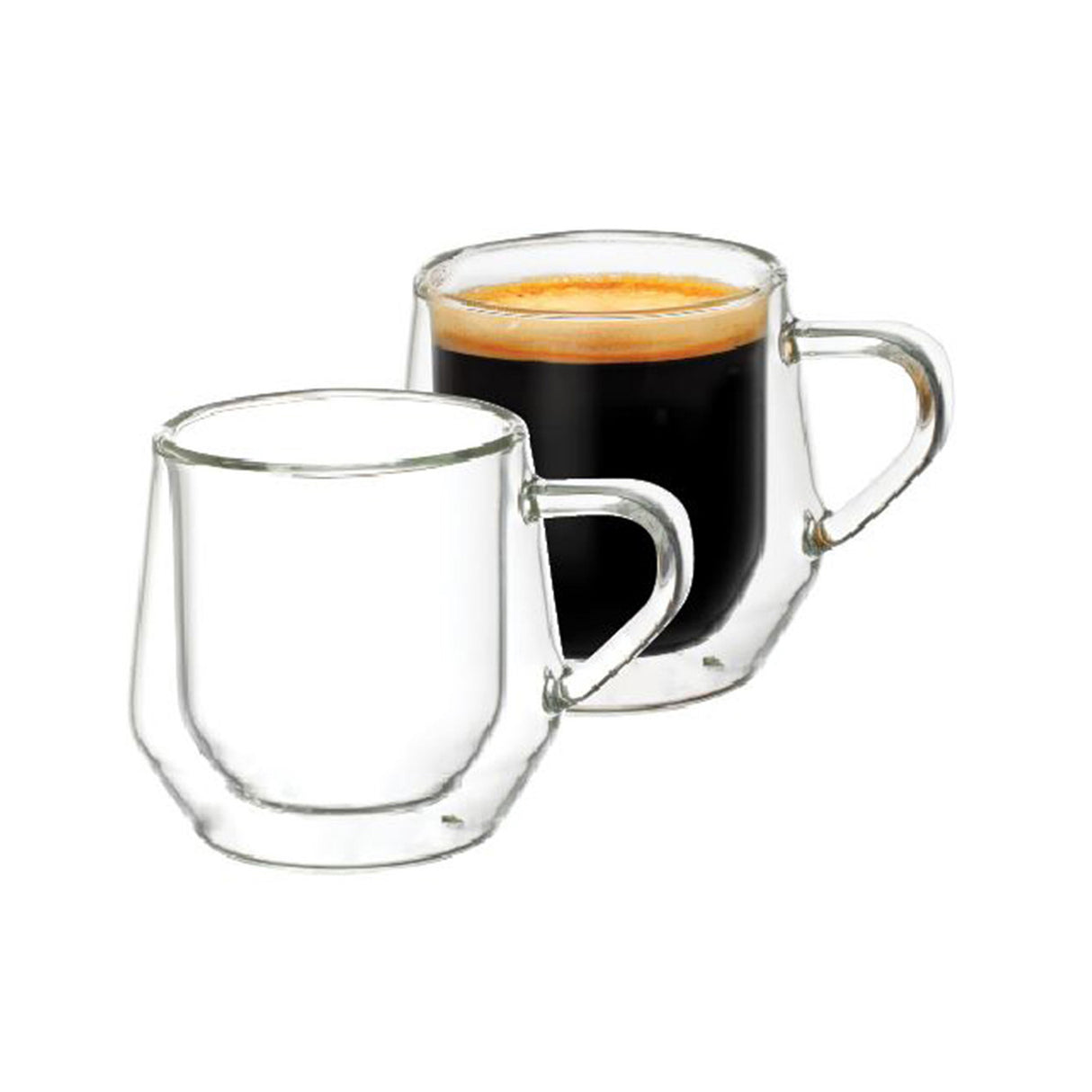Set of 2 elegant 100ml double wall glasses, crafted from heat-resistant borosilicate glass for hot and cold beverages.