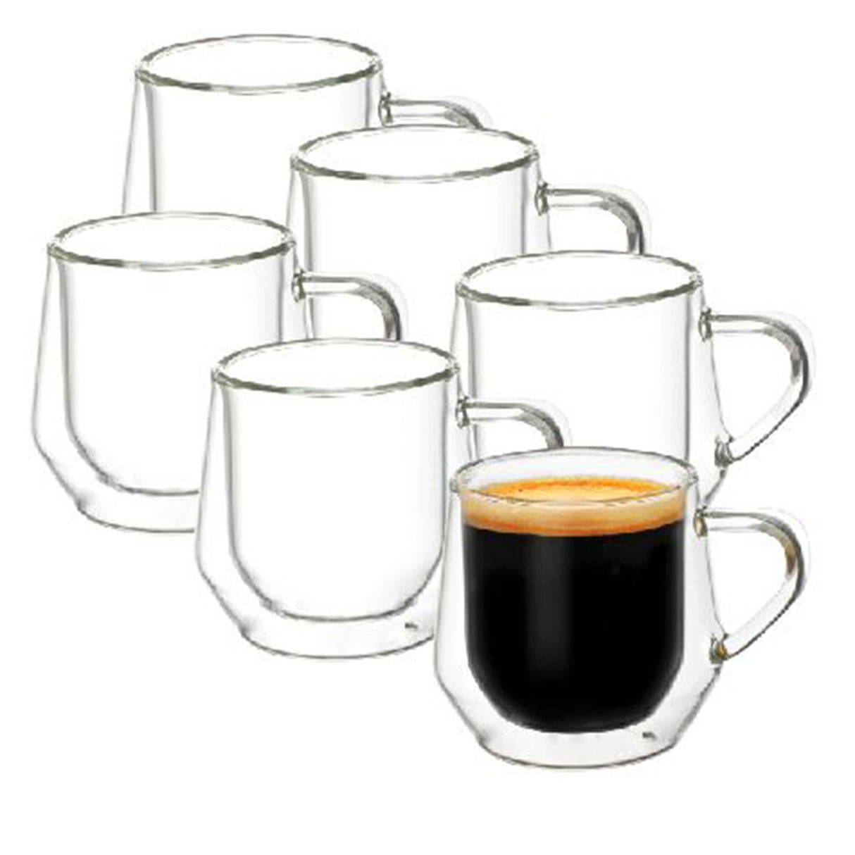 Elegant set of 6 Capri double wall glasses, 250ml, designed for thermal efficiency and comfort with geometric handles.