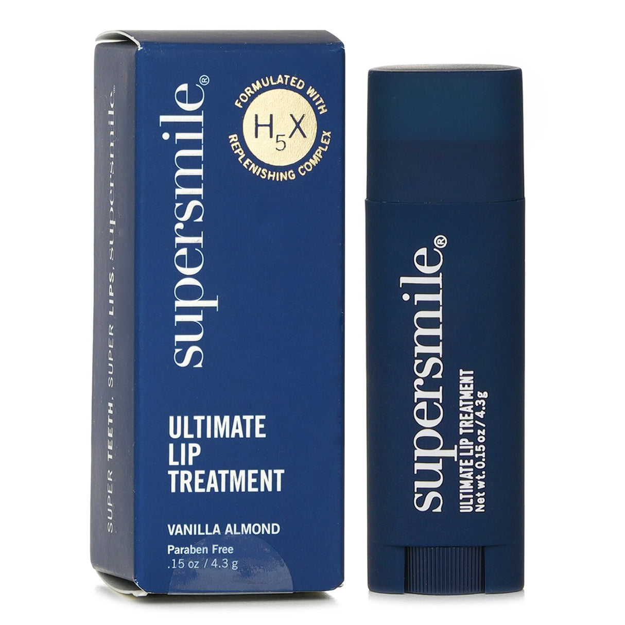 Supersmile Ultimate Lip Treatment: a 4.3g hydrating lip balm with H5X complex for soft, smooth, and nourished lips.