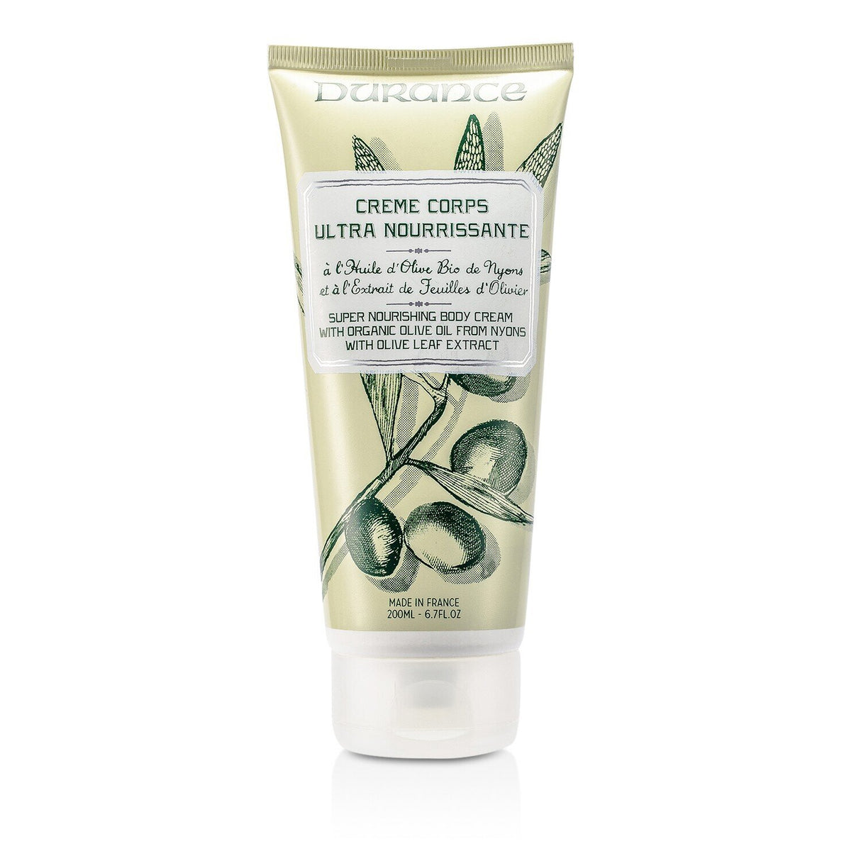 Durance Super Nourishing Body Cream: rich, hydrating formula with olive oil and leaf extract for soft, resilient skin.