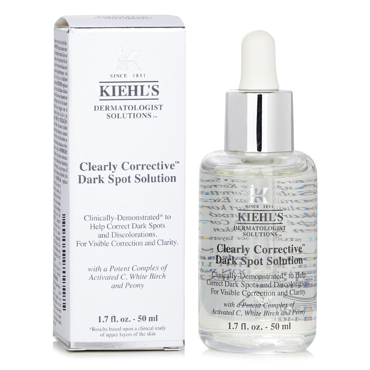 Kiehl's Clearly Corrective Dark Spot Solution in a 50ml bottle, targeting dark spots and acne scars for luminous, even skin.
