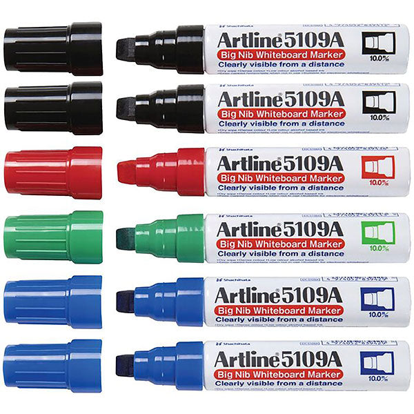 Artline 5109a assorted whiteboard markers with 10mm chisel nibs for vibrant, bold writing on various surfaces.
