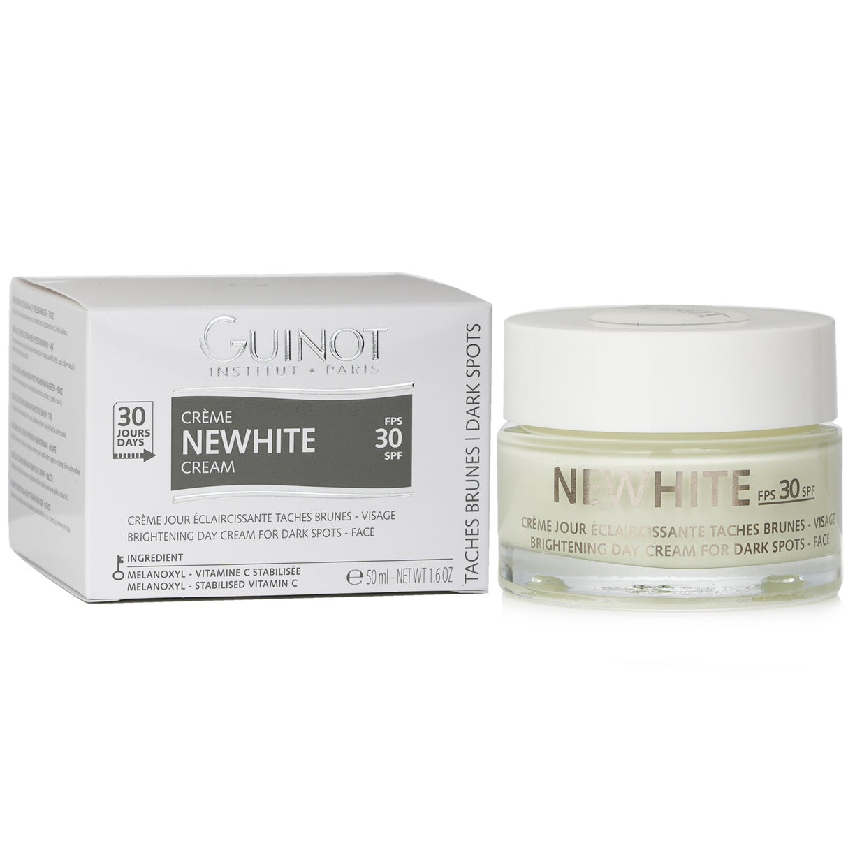 Guinot Newhite Brightening Day Cream SPF 30 in a 50ml bottle, enhances radiance and reduces dark spots for even-toned skin.