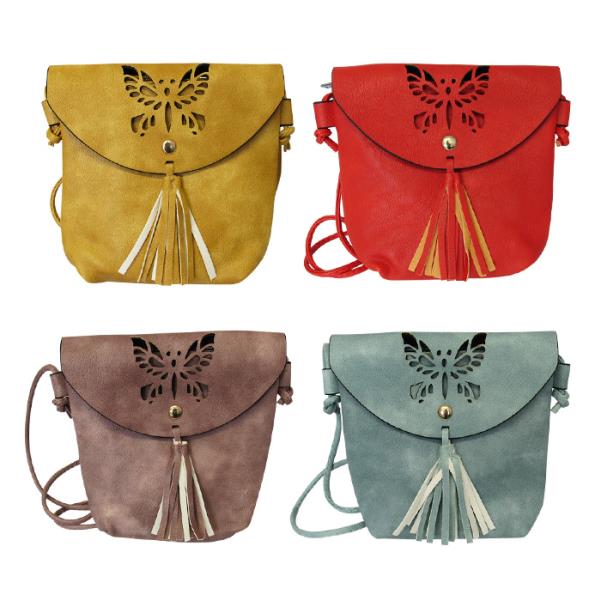 Stylish set of four soft PU shoulder bags with cut-out butterfly design, tassel accent, and spacious zippered main compartment.