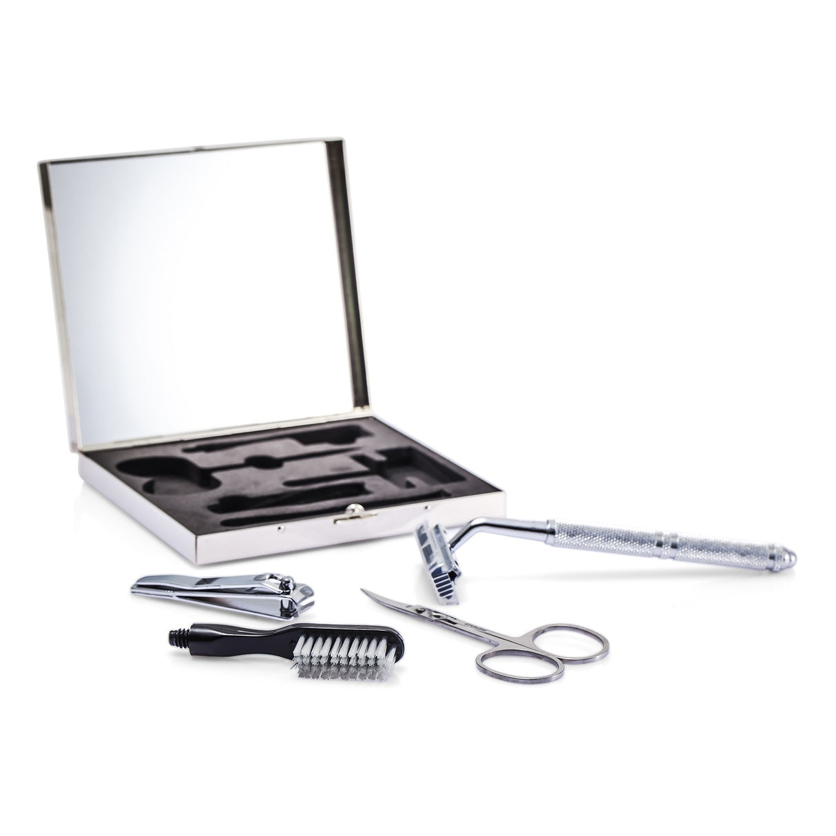 Premium Razor MD Groom Kit featuring a razor, scissors, nail clipper, and brush, all in an elegant box for ultimate grooming.