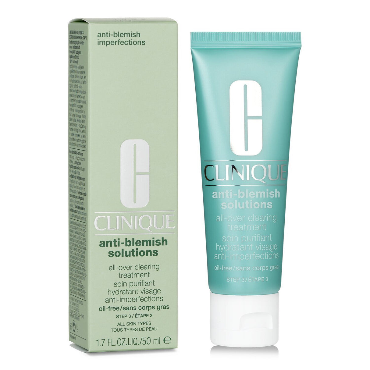 Clinique Anti-Blemish Solutions Treatment in a 50ml tube, designed to clear acne and hydrate skin for a flawless complexion.