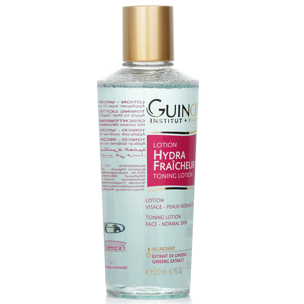 Guinot Refreshing Toning Lotion in new packaging, a 200ml alcohol-free toner with rose water for healthy, radiant skin.