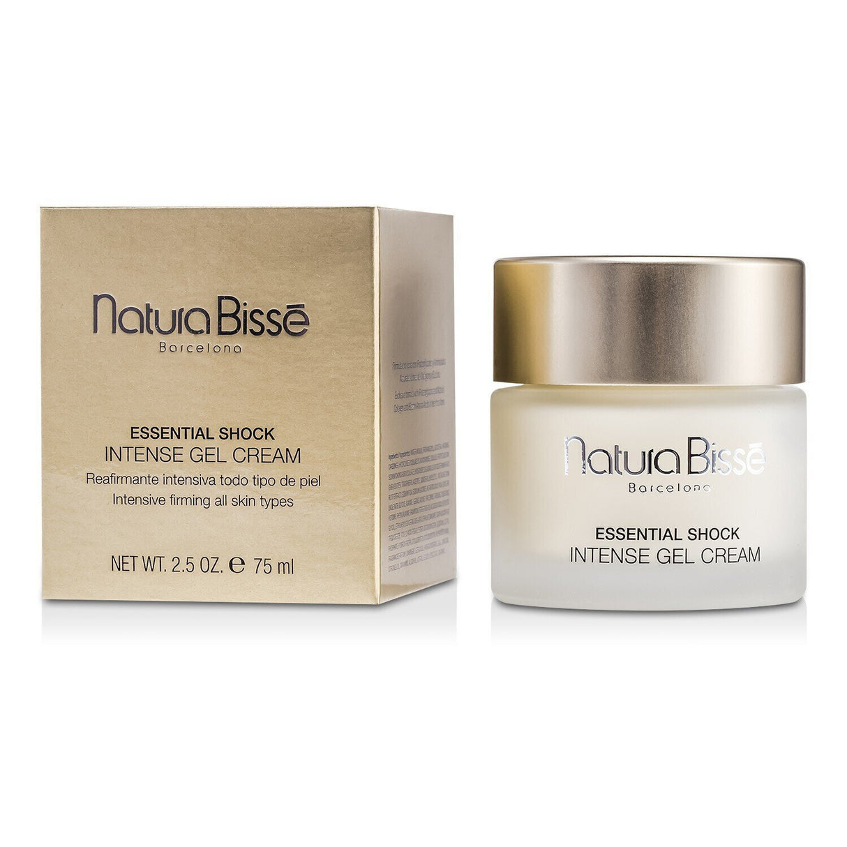 Natura Bisse Essential Shock Intense Gel Cream in a sleek jar, rich gel-cream texture for anti-aging and intense hydration.