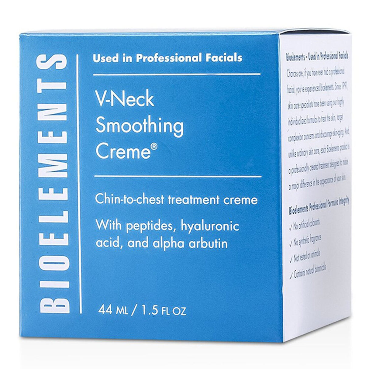 Bioelements V-Neck Smoothing Creme in a 44ml jar, a non-greasy cream that reduces neck creases and hydrates skin.