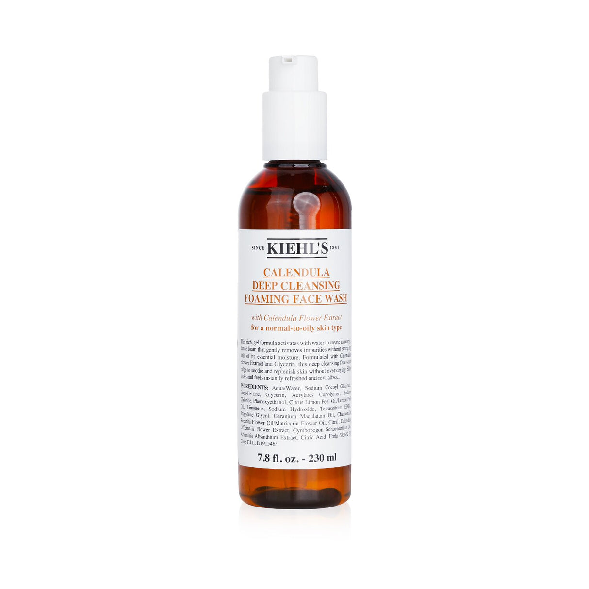 Kiehl's Calendula Foaming Face Wash in 230ml for normal to oily skin, gently cleanses with soothing Calendula extract.