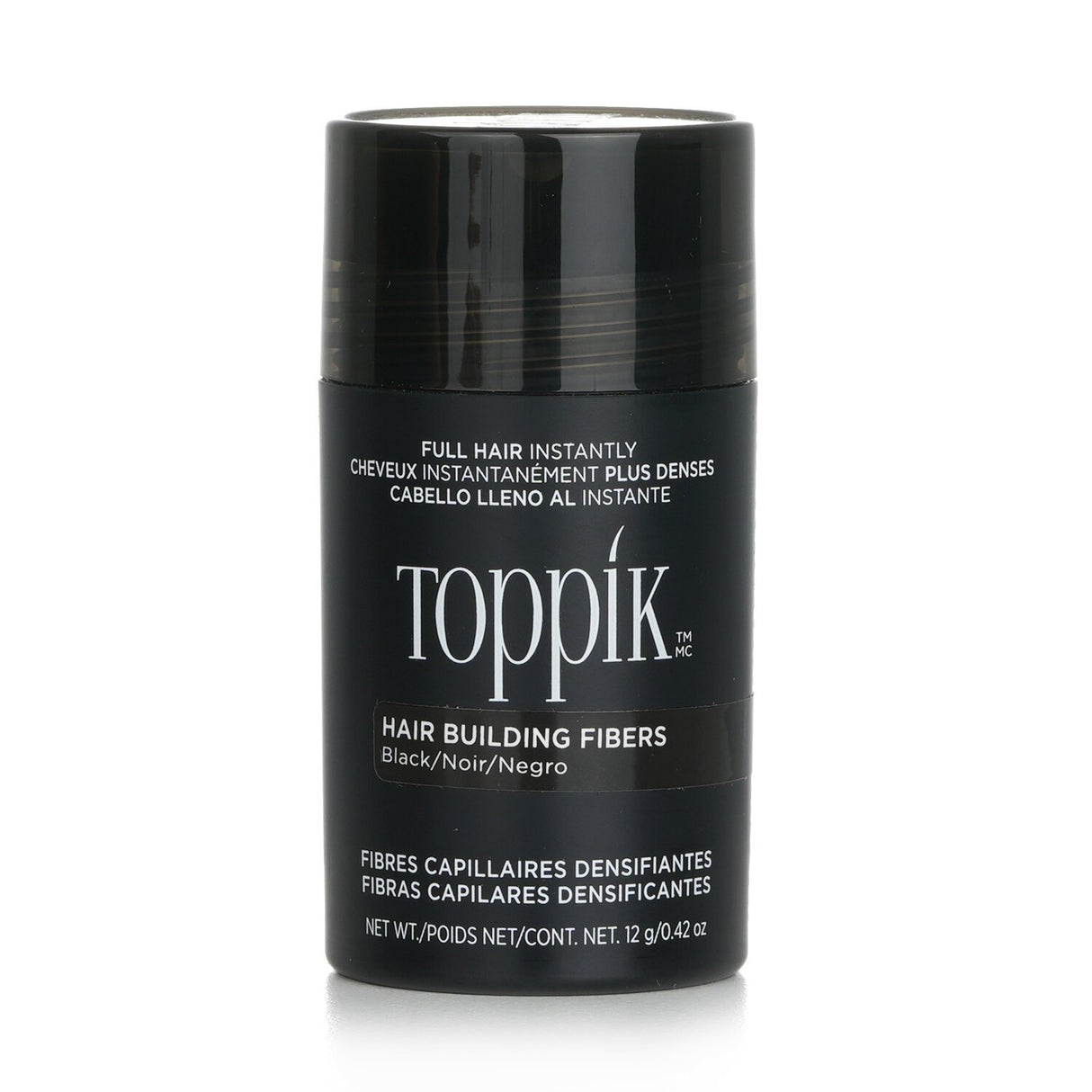 Toppik Hair Building Fibers in Black, 12g; adds volume and thickness to fine hair with natural keratin fibers, weather-resistant.