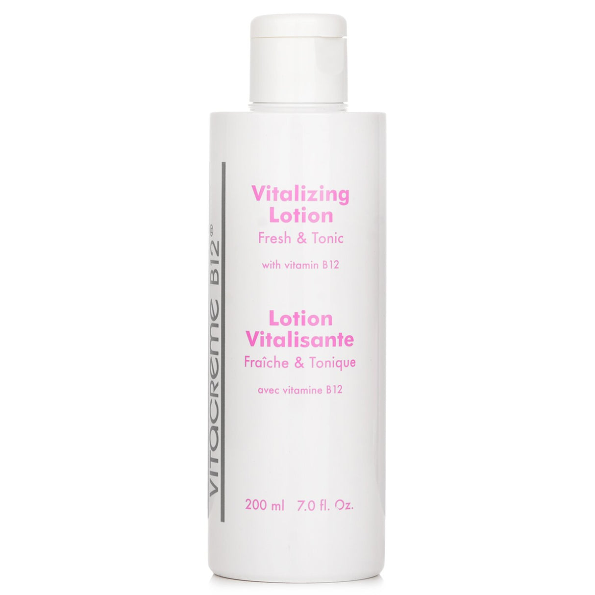 Revitalizing lotion with Caffeine and Vitamins B3 & B12, soothing Allantoin, for hydrated, elastic, and calm skin.