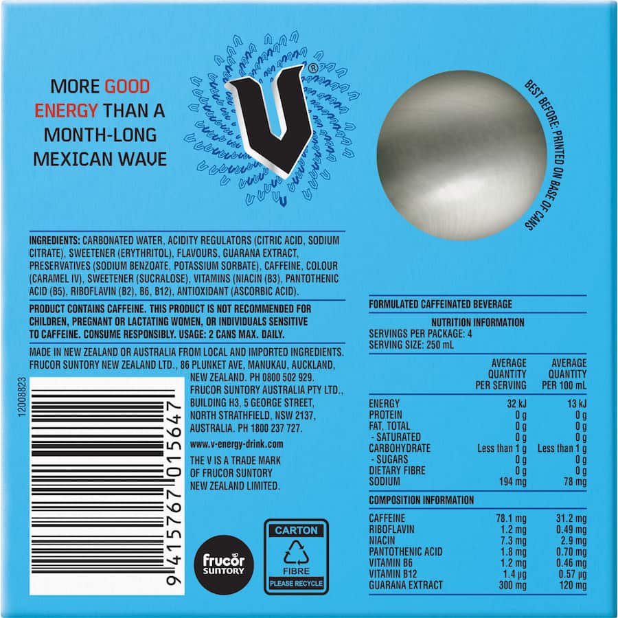 V Sugarfree Energy Drink Blue 250ml cans 4pack