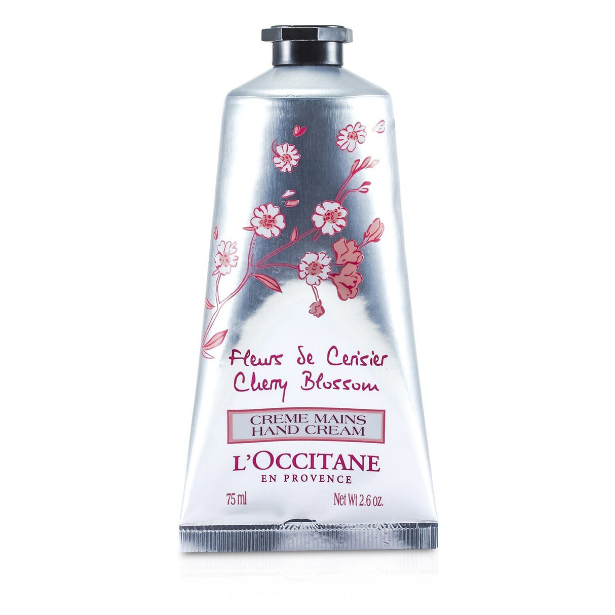 L'Occitane Cherry Blossom Hand Cream in 75ml, rich in shea butter and cherry extract, hydrates and protects hands with a floral scent.