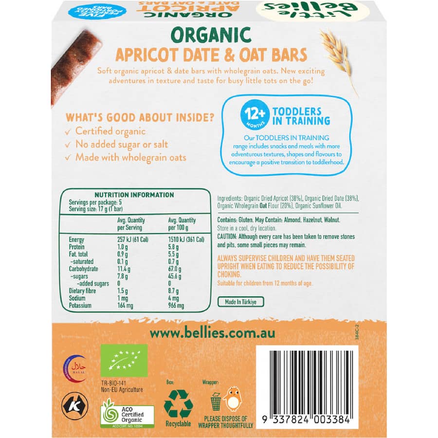 Little Bellies Organic Baby Snack Bars Apricot Date & Oat 5 pack 85g