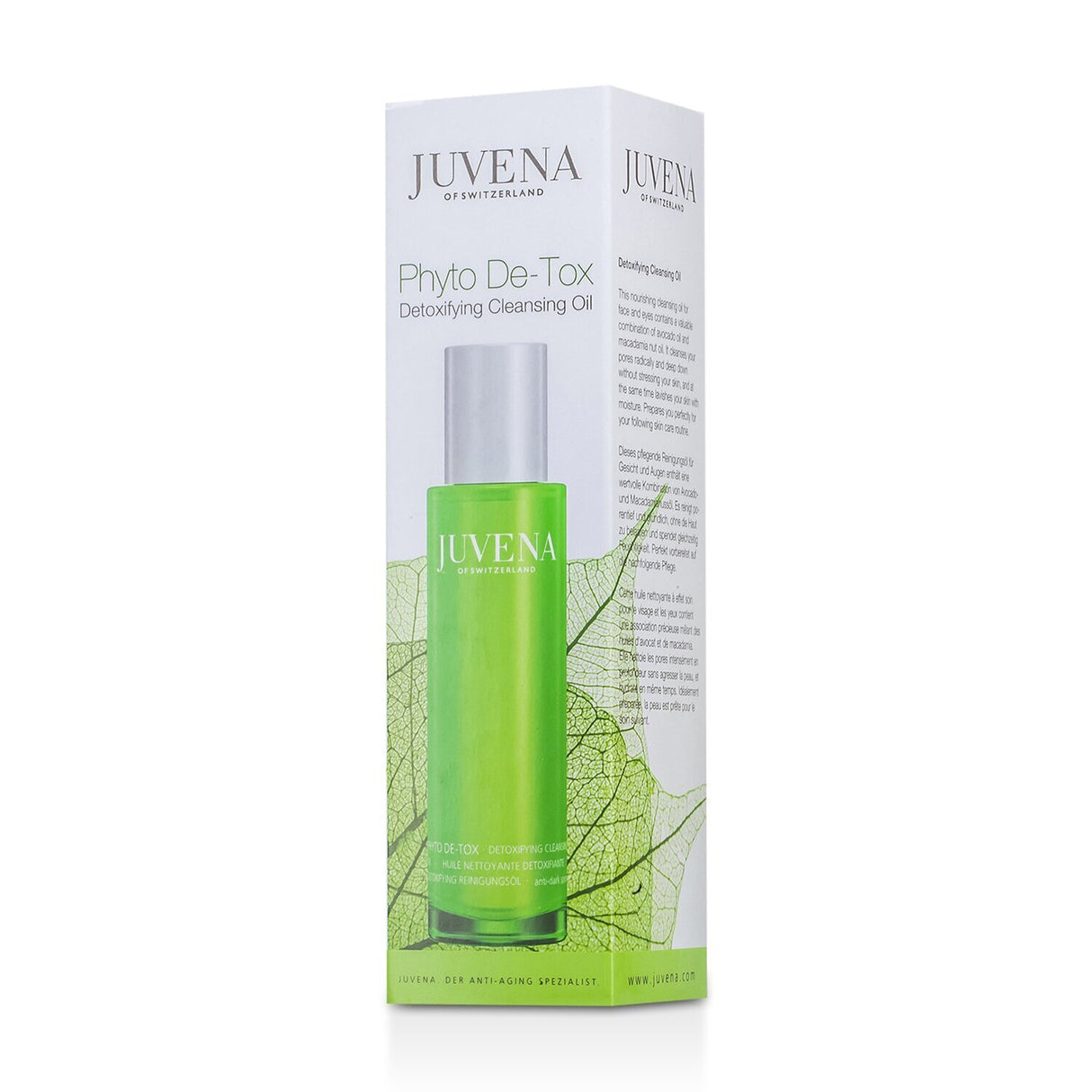 Bottle of Juvena Phyto De-Tox Cleansing Oil, featuring avocado and macadamia oils for a deep, hydrating cleanse.