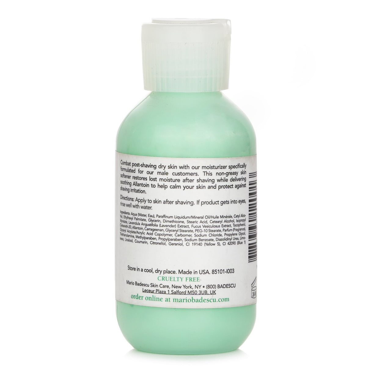 Mario Badescu After Shave Moisturizer, a lightweight formula with Lavender, Algae Extract, and Carnation Oil for soothing hydration.