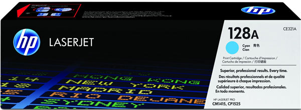 HP 128A Cyan Toner cartridge for vibrant prints, compatible with LaserJet Pro CM1415 and CP1525, yields up to 1,300 pages.