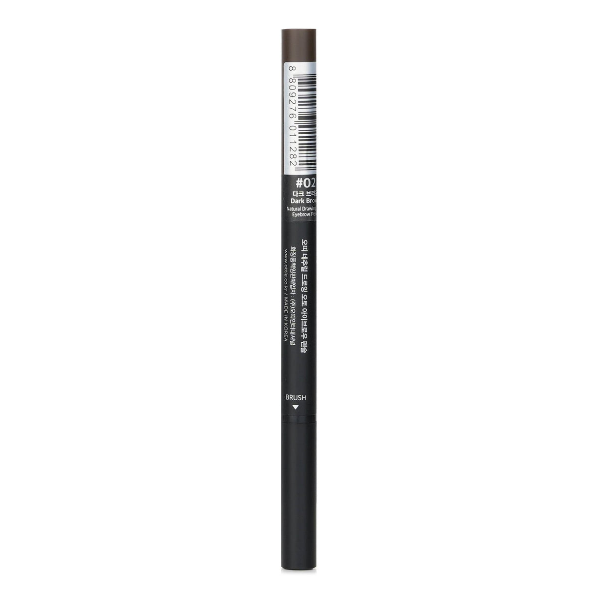 Ottie Natural Drawing Auto Eye Brow Pencil in #02 Dark Brown, featuring a triangular shape for precise, natural eyebrow application.