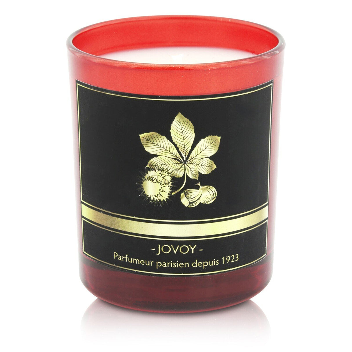 Luxurious red Marron candle in a decorative box, offering a warm scent and 60-hour burn time for a serene ambiance.