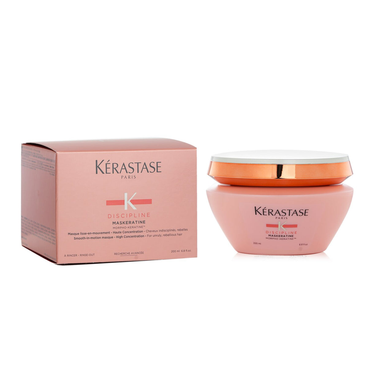 Kerastase Discipline Maskeratine hair mask for unruly hair, tames frizz, hydrates, and enhances shine with Morpho-Keratine Technology.