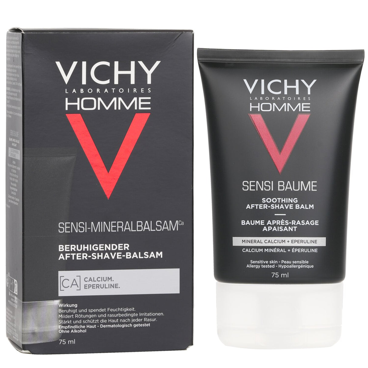 Vichy Homme Soothing After-Shave Balm in 75ml, designed for sensitive skin to soothe irritation and provide 24-hour hydration.