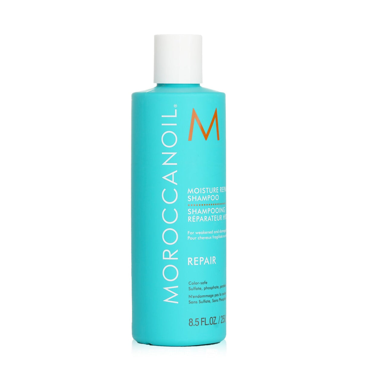 Moroccanoil Moisture Repair Shampoo in 250ml, for revitalizing weakened, damaged hair with argan oil and keratin.