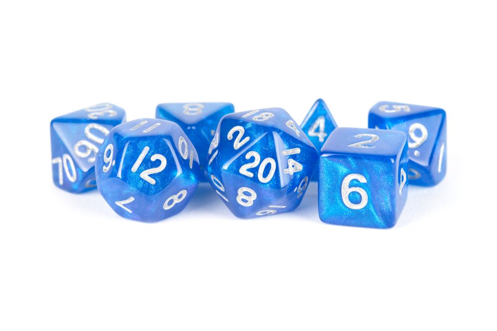 Fanroll: 16mm Acrylic Polyhedral Dice Set: Stardust Blue w/ Silver Numbers
