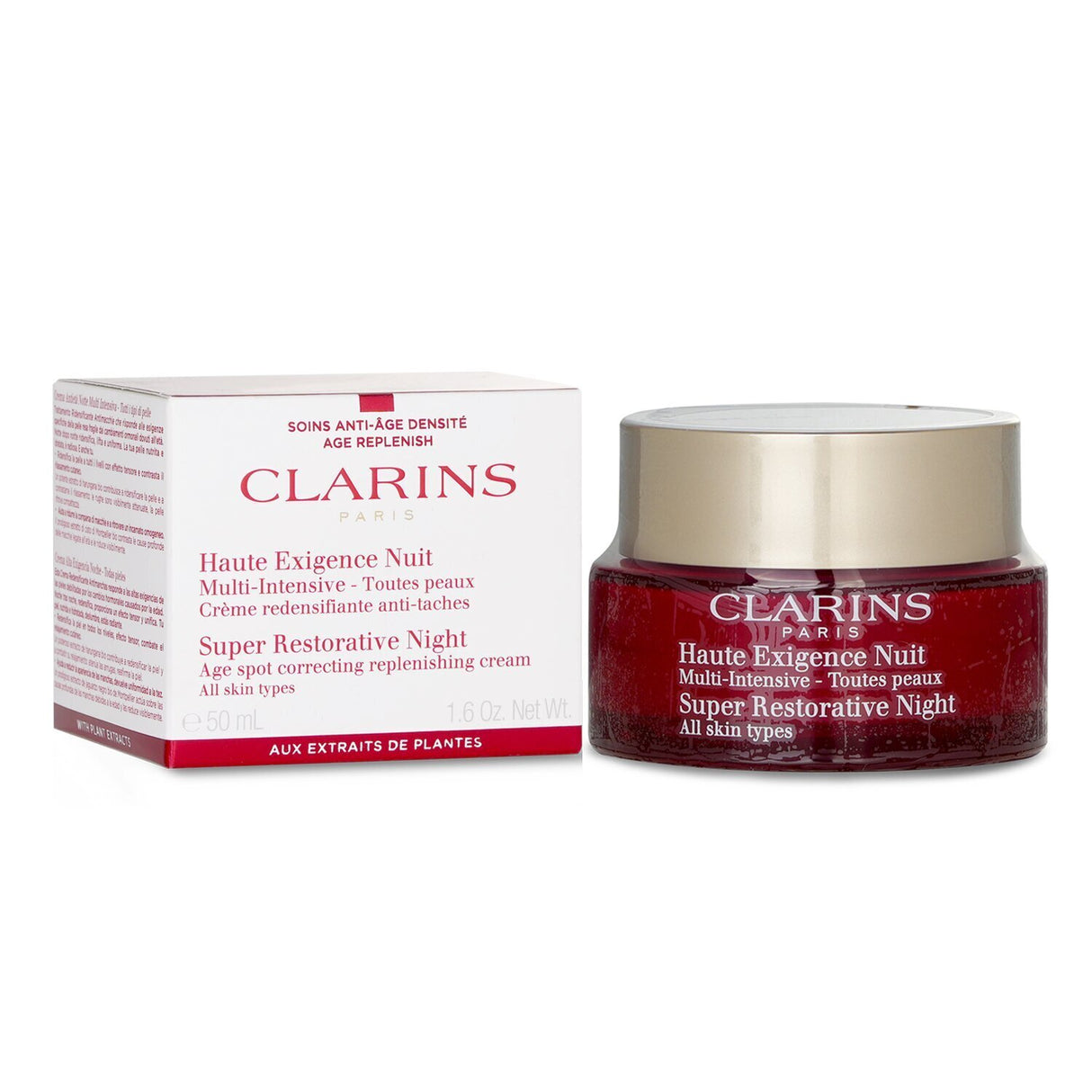 Clarins Super Restorative Night Cream, 50ml, rejuvenates mature skin, targeting age spots, sagging, and wrinkles overnight.
