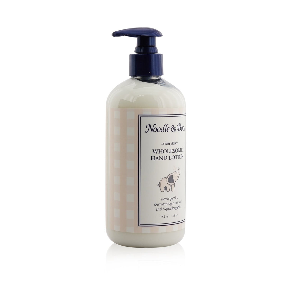 Noodle & Boo Wholesome Hand Lotion in a 355ml bottle, perfect for sensitive skin with nourishing vitamins and quick absorption.