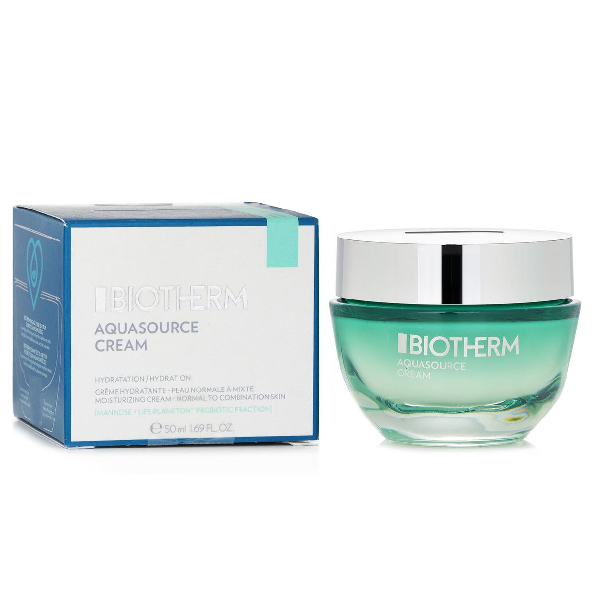 Lightweight Biotherm Aquasource cream for normal/combination skin, offering 48-hour hydration with life plankton and Mannose.