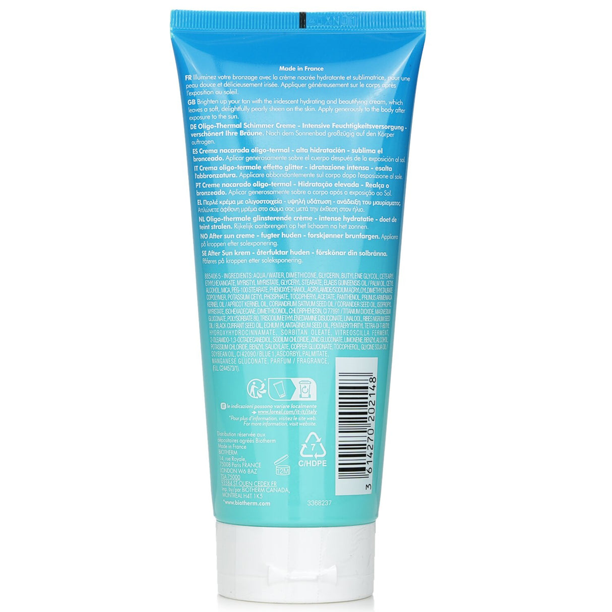 Sparkling body moisturizer with Thermal Plankton, enhances tan, hydrates, and brightens skin for a radiant glow.