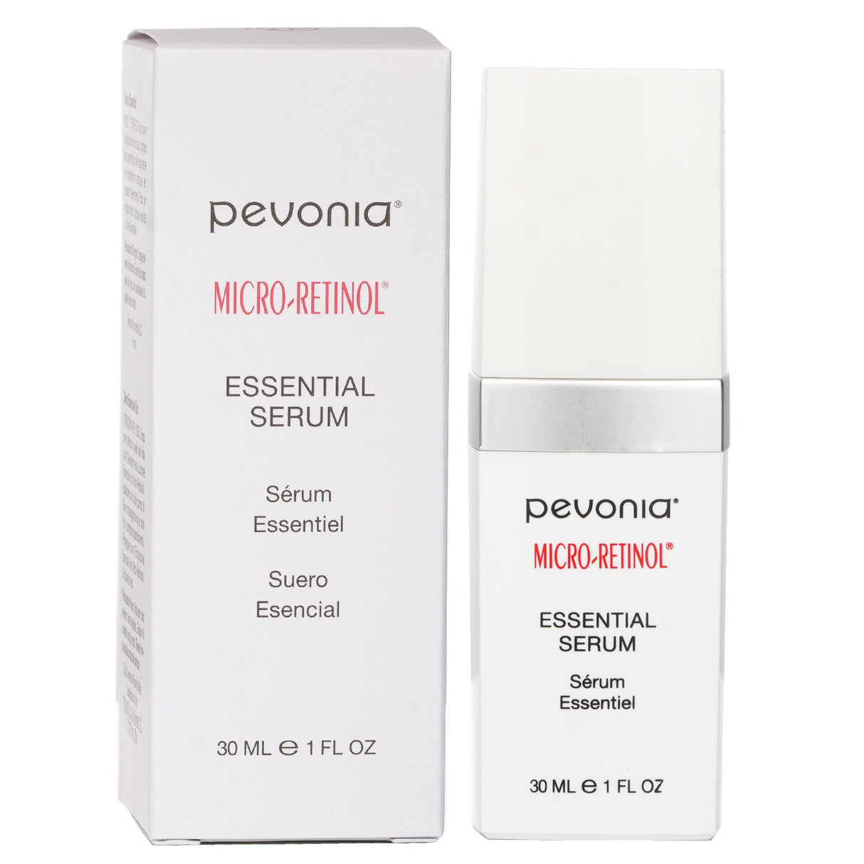 Pevonia Micro-Retinol Essential Serum in a 30ml bottle, formulated to smooth wrinkles and hydrate skin with Vitamin C and Retinol.