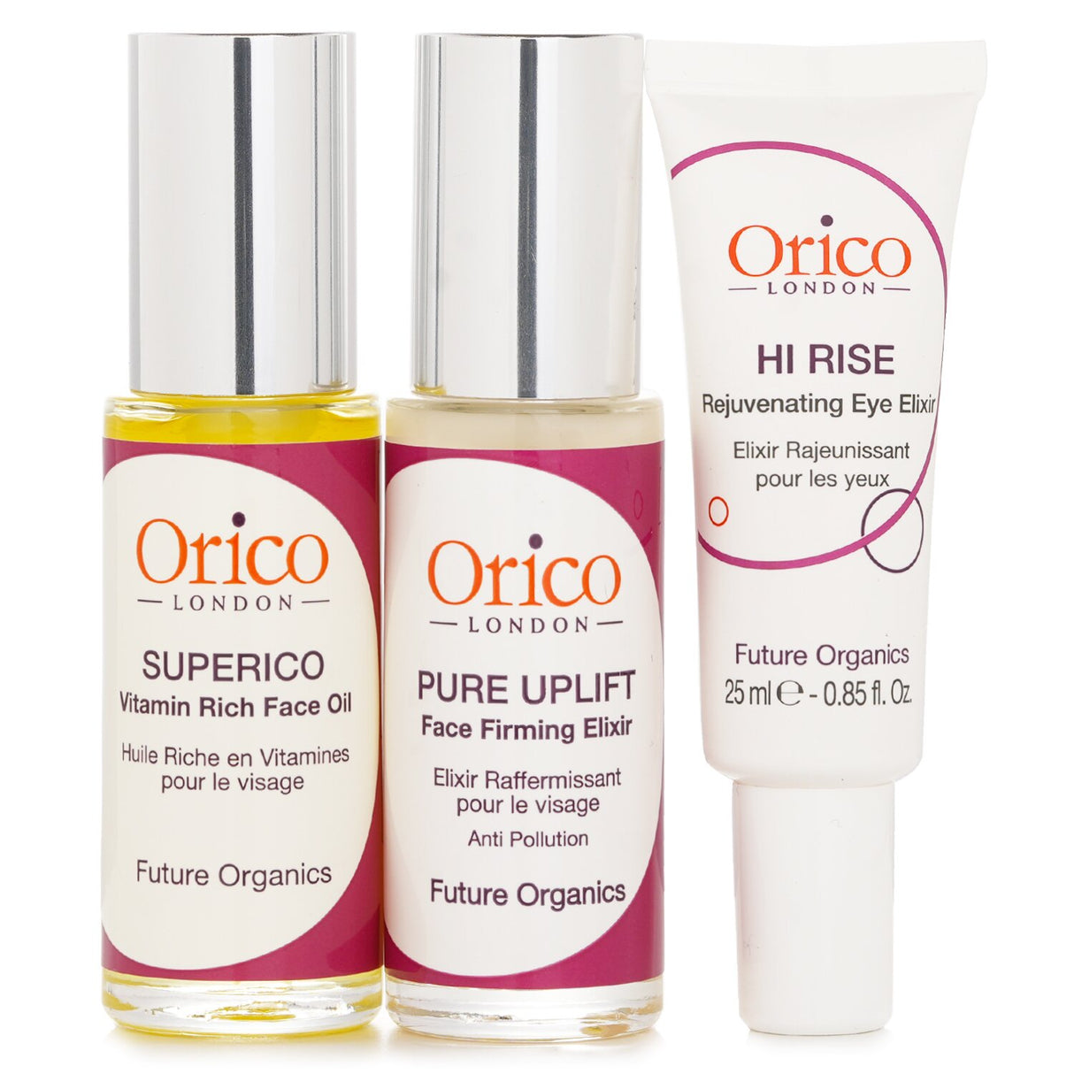 Orico London Age Resist Trio featuring face oil, firming elixir, and eye elixir for youthful, radiant skin.