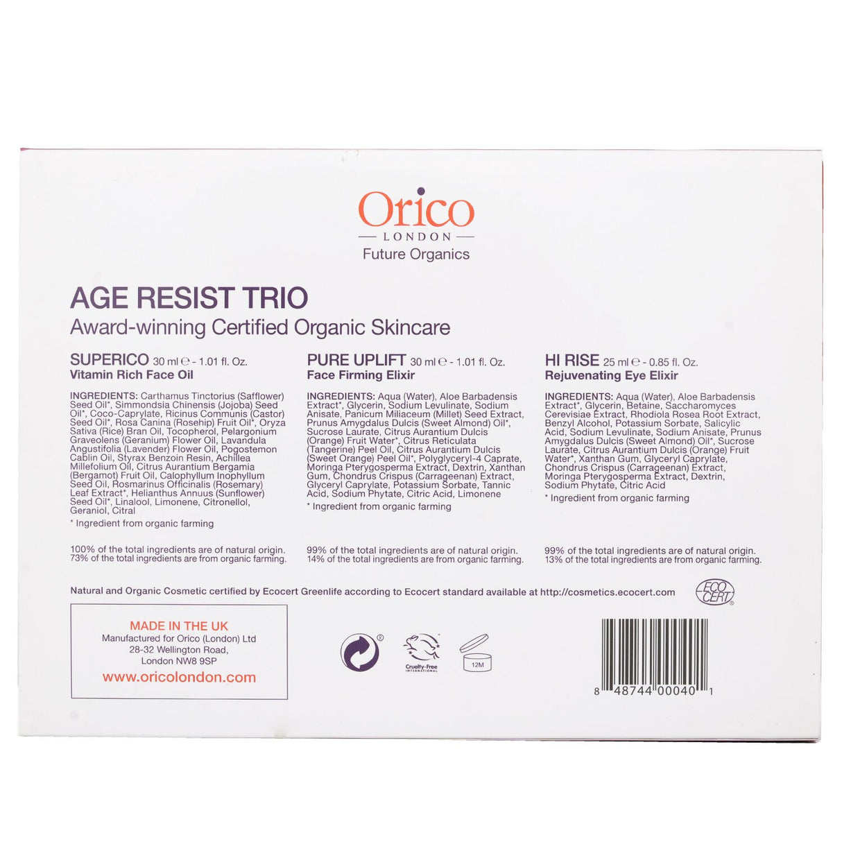 Orico London Age Resist Trio for youthful skin, featuring face oil, firming elixir, and eye elixir in organic formulas.