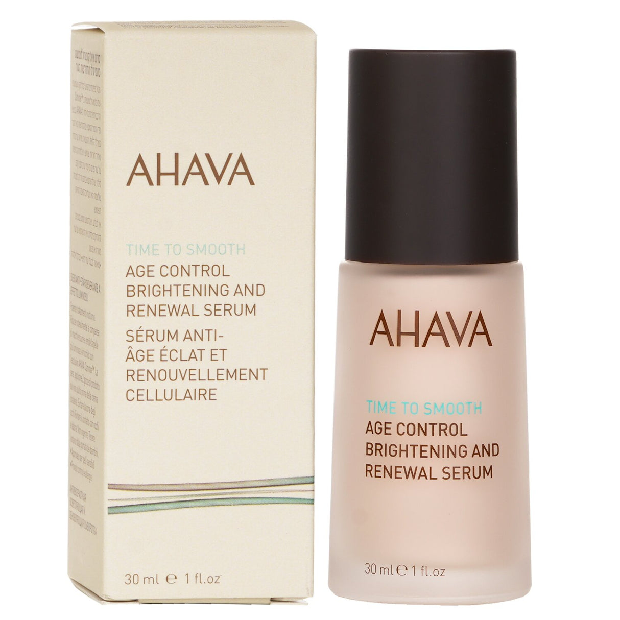 Ahava Time To Smooth Serum, a 30ml anti-aging treatment for brightening skin and reducing dark spots overnight.