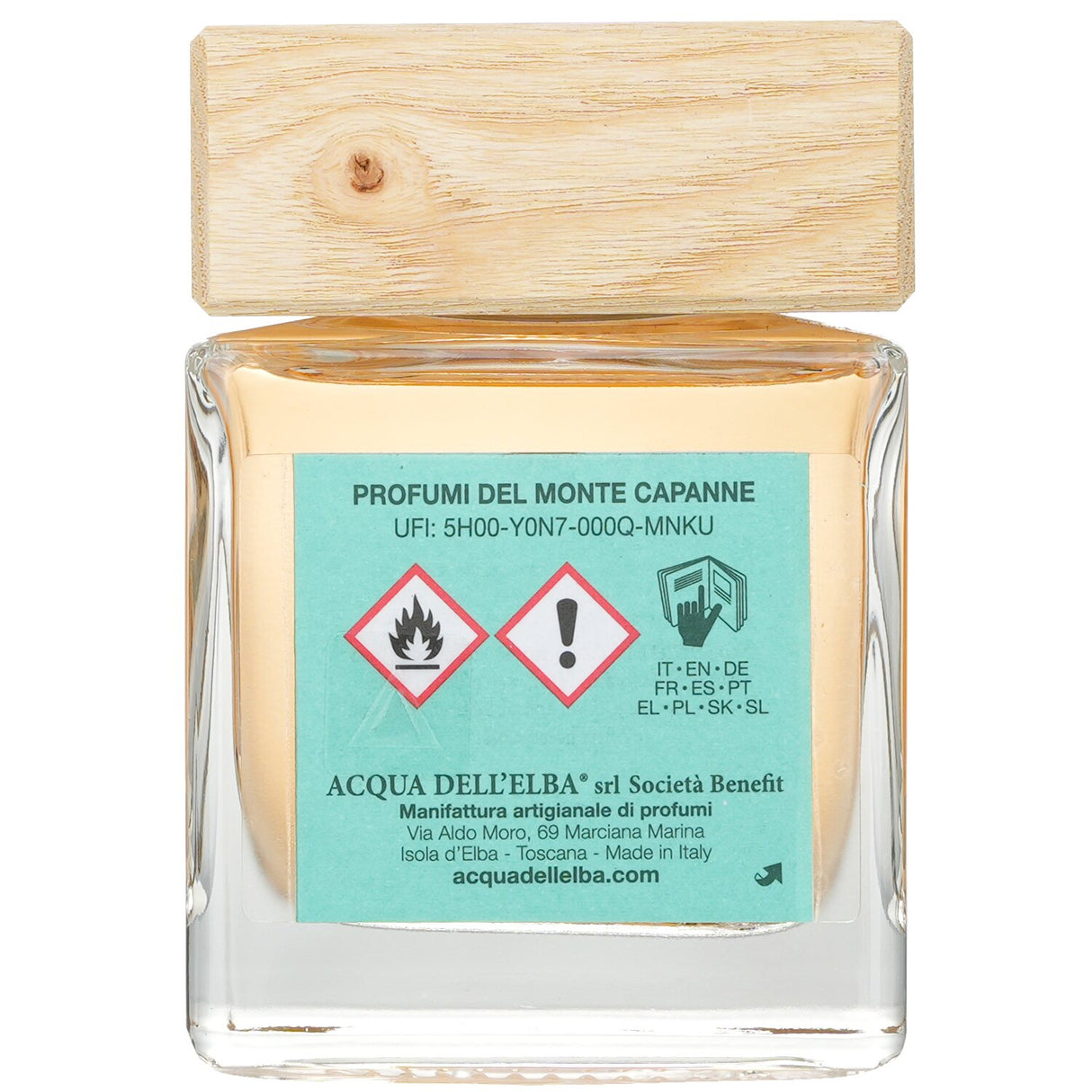 Elegant glass home fragrance diffuser with a wooden cap, delivering refreshing scents inspired by the Italian landscape.